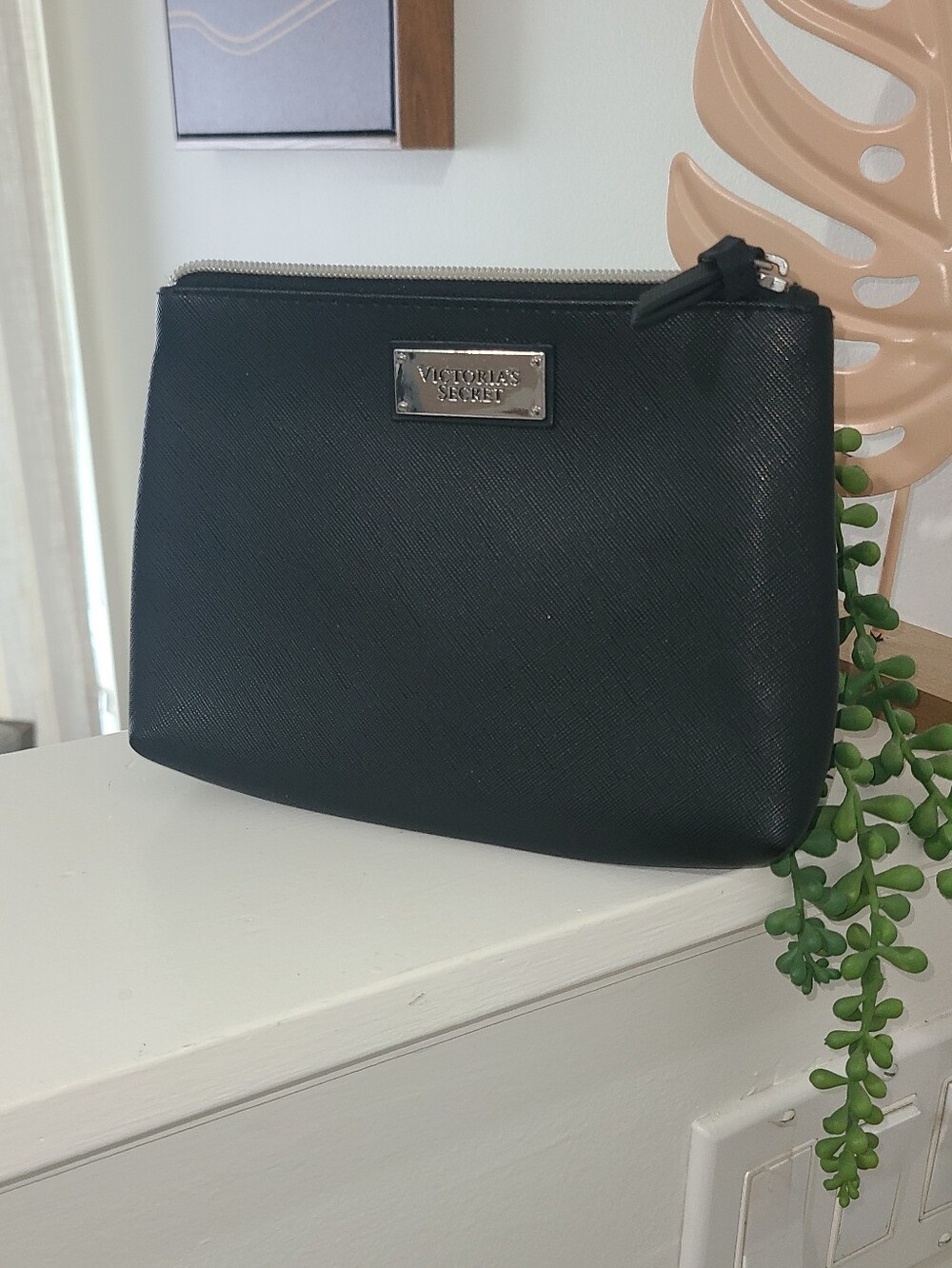 Victoria's Secret Black Saffiano Cosmetic Case with Metal Logo Plate